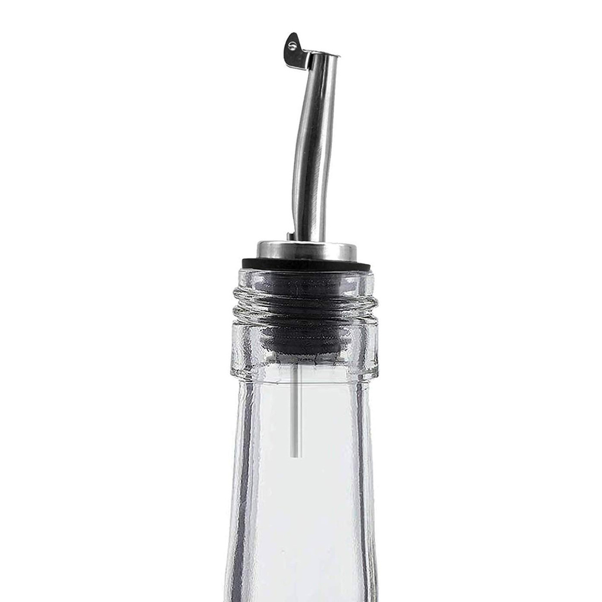 Eine Glasflasche mit Metallschnauze, schwarzer Gummidichtung und klarem Glaskörper.