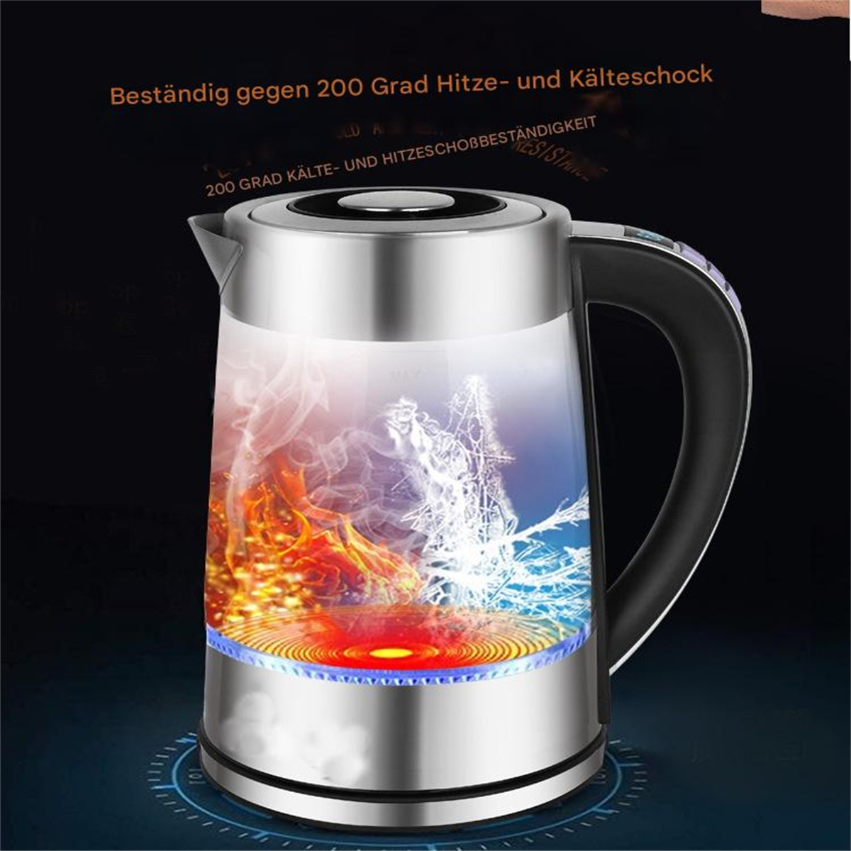 Ein Glaskessel mit silbernem Sockel. Die Innenseite zeigt Feuer- und Eisdesigns. Er hat einen schwarzen Griff und Boden.