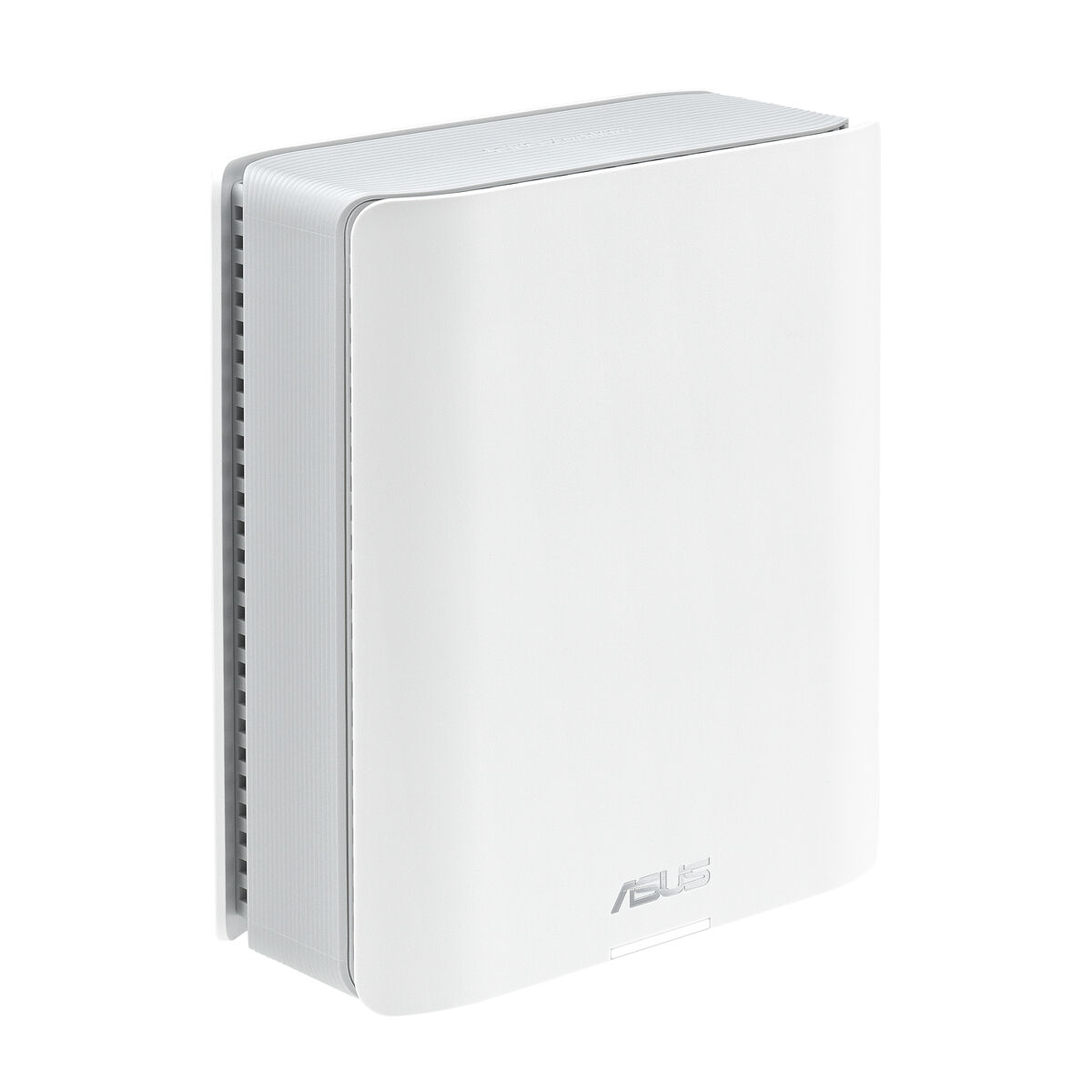 Weißer Router-Kasten mit modernem Design und ASUS-Logo. Seitenwand mit Belüftung.