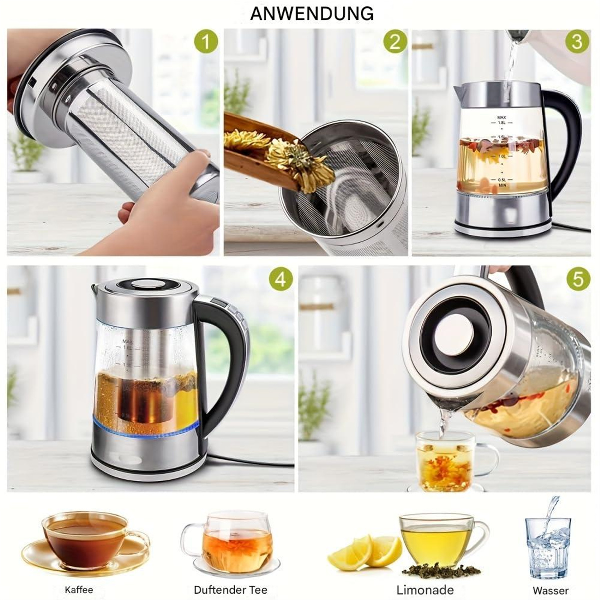 Schritte zur Teezubereitung mit Tee-Infuser und Wasserkocher, mit verschiedenen Teesorten.
