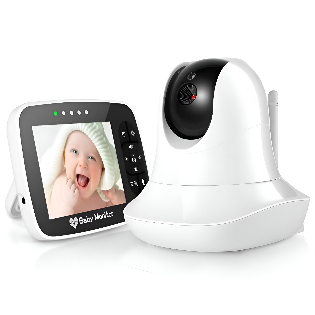 Weißer Babyphone mit Bildschirm, der ein Baby zeigt, und rotierender Kamera.