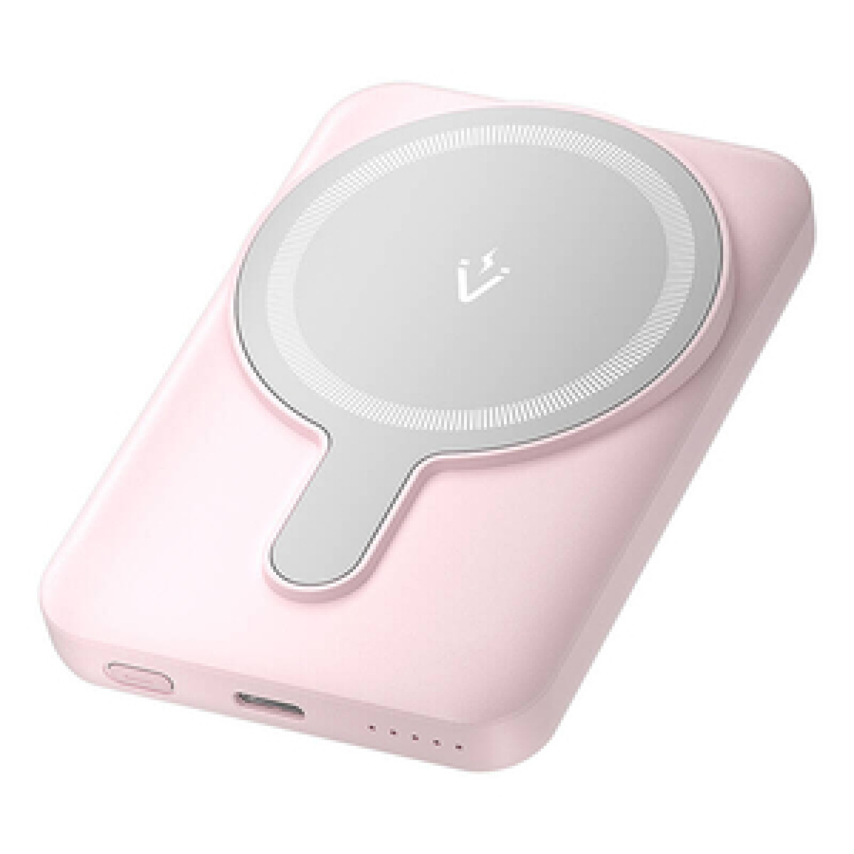 Eine rosa Powerbank mit kreisförmigem Ladefeld und USB-Anschluss.