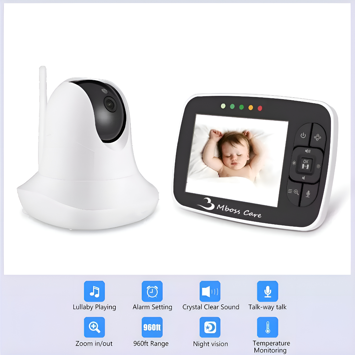 Ein Babyphone mit Kamera und Bildschirm, mit Symbolen für Funktionen wie Nachtsicht und Zoom.