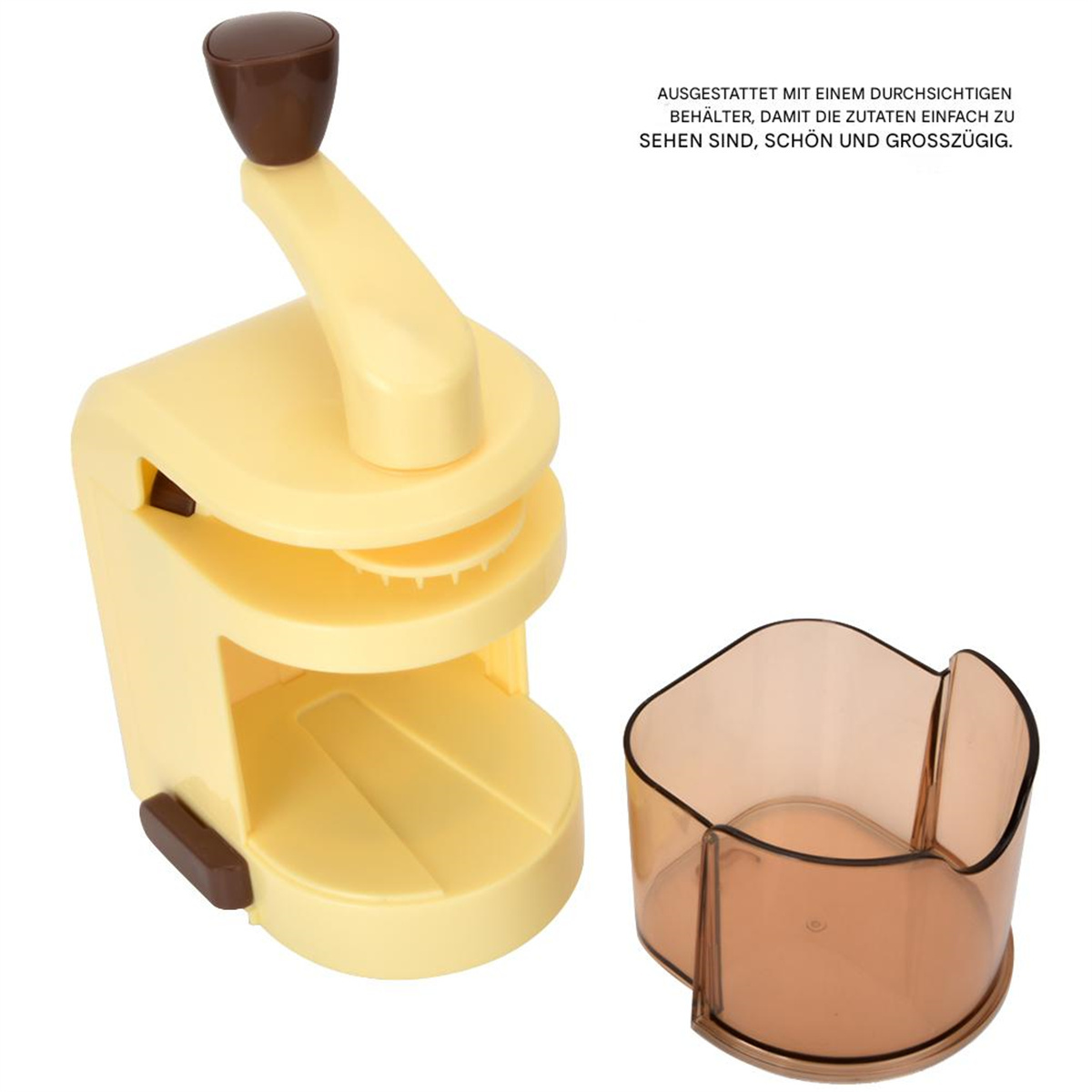 Ein gelb-brauner Eisschaber mit einem braunen Behälter. Oben ist ein Griff.