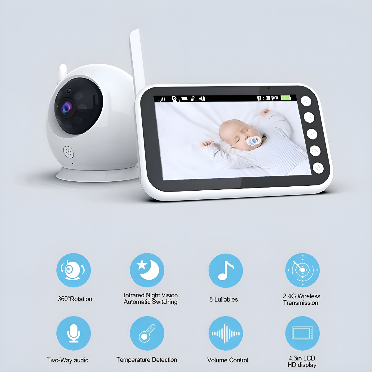 Babyphone mit Kamera und Display, das ein schlafendes Baby zeigt. Funktionen mit Symbolen.