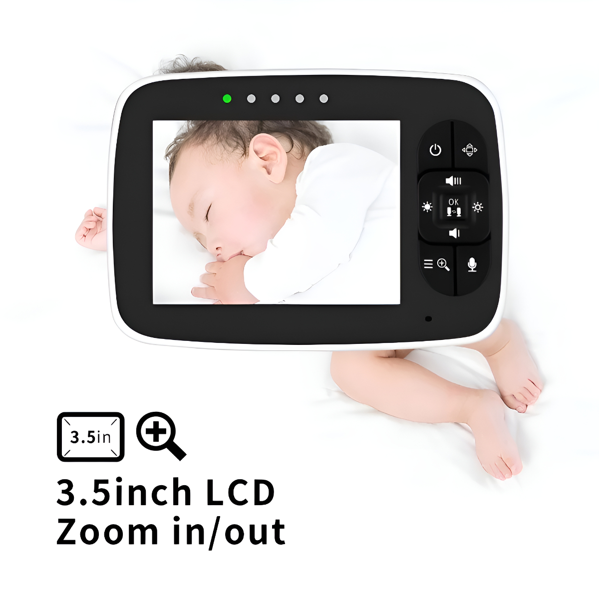 Babyphone mit einem schlafenden Baby auf dem Bildschirm. Text: 3,5 Zoll LCD Zoom in/out.