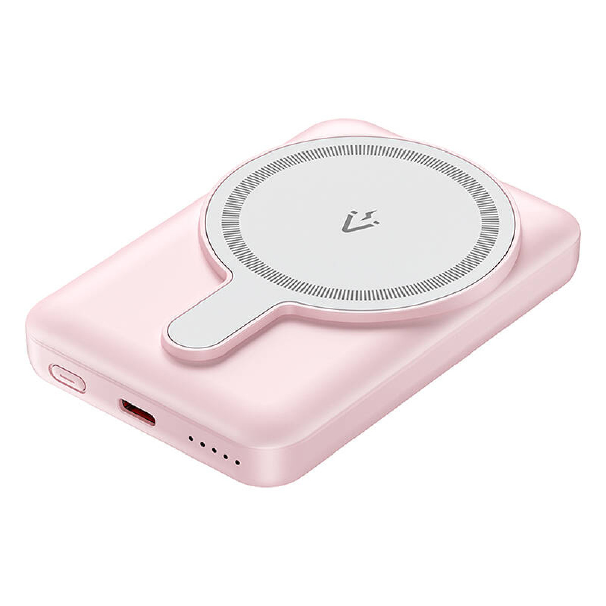 Eine rosa Powerbank mit einem runden, weißen kabellosen Ladebereich oben. Ein Griff ist befestigt. Es gibt Lichter.