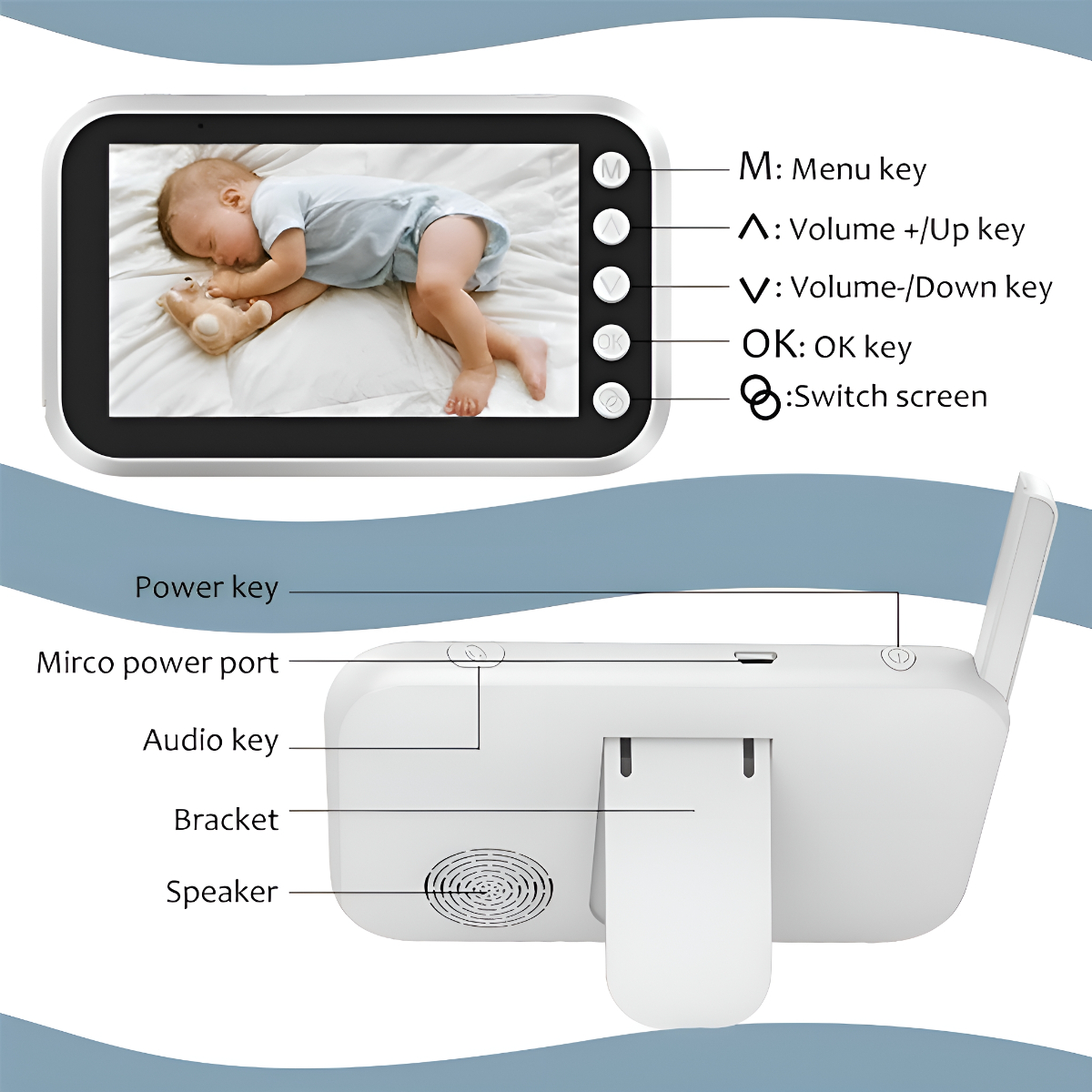 Babyphone mit Bildschirm, der Baby zeigt, und beschrifteten Tasten.