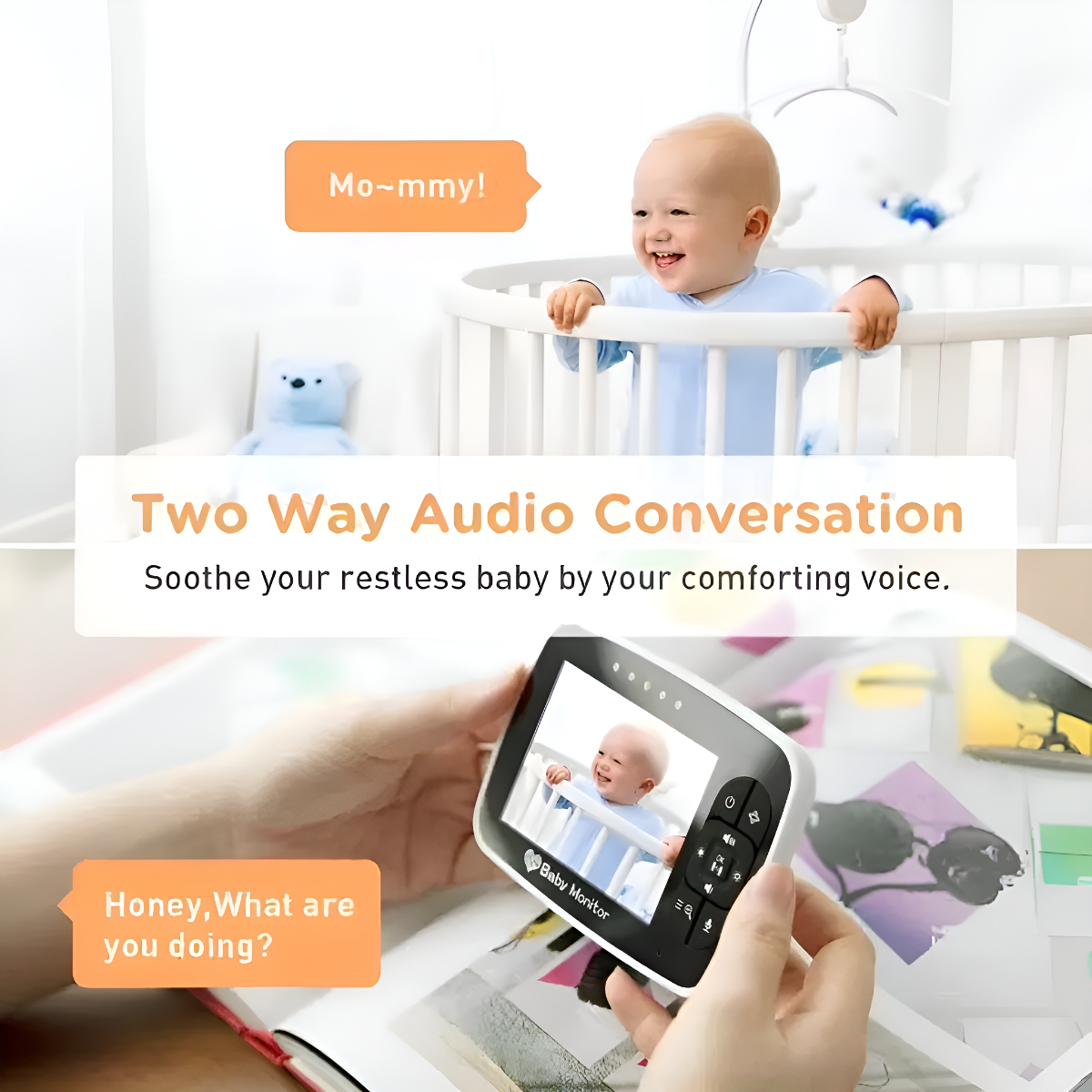 Babyphone zeigt Baby im Kinderbett. Sprechblasen sagen „Mo-mmy!“ und „Honey, what are you doing?“