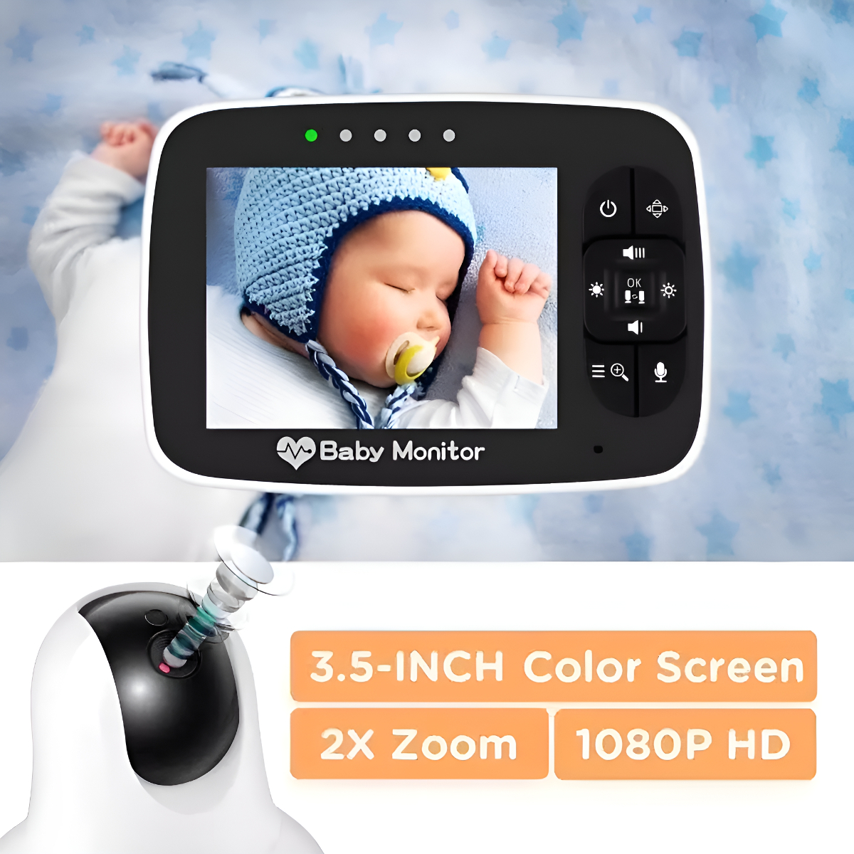 Babyphone mit schlafendem Baby in blauem Hut. Text: 3,5-Zoll-Farbbildschirm, 2x Zoom, 1080p HD.