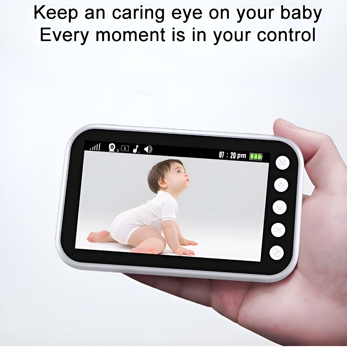 Ein Babyphone-Bildschirm zeigt ein Baby, mit Knöpfen und Akkuanzeige auf einem Handgerät.