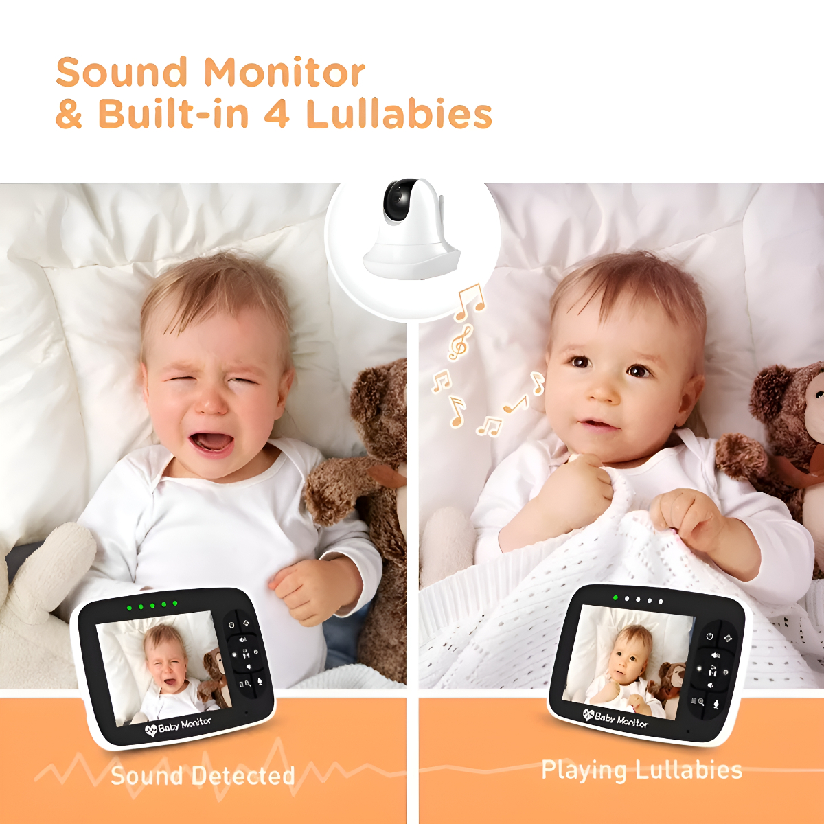 Ein Baby weint und ist glücklich, mit einem Tonmonitor und Spieluhr. Zwei Bilder.