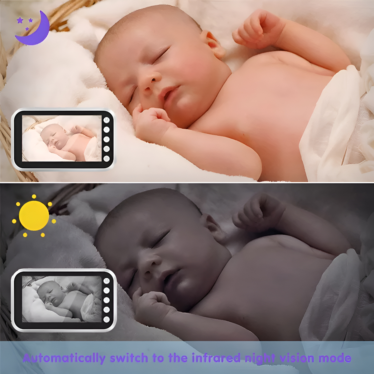 Ein Baby schläft in einem Kinderbett, farbig und schwarzweiß auf einem Monitor. Mit Mond- und Sonnensymbol.