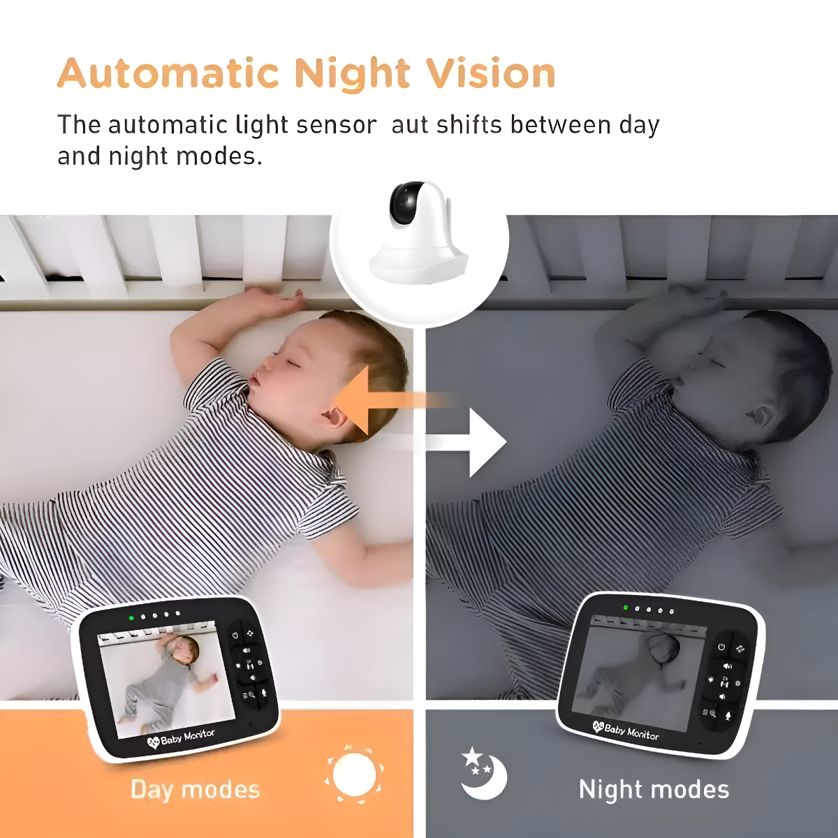 Babyphone zeigt Tag- und Nachtmodus mit schlafendem Baby.