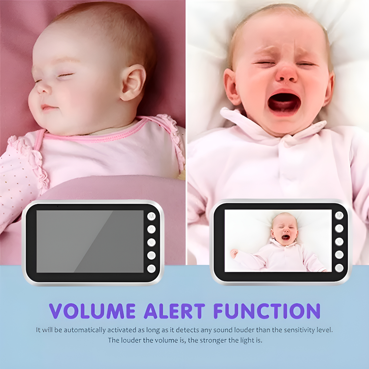 Das Bild zeigt einen Babyphone mit zwei Bildschirmen. Einer zeigt ein schlafendes Baby, der andere ein weinendes Baby.