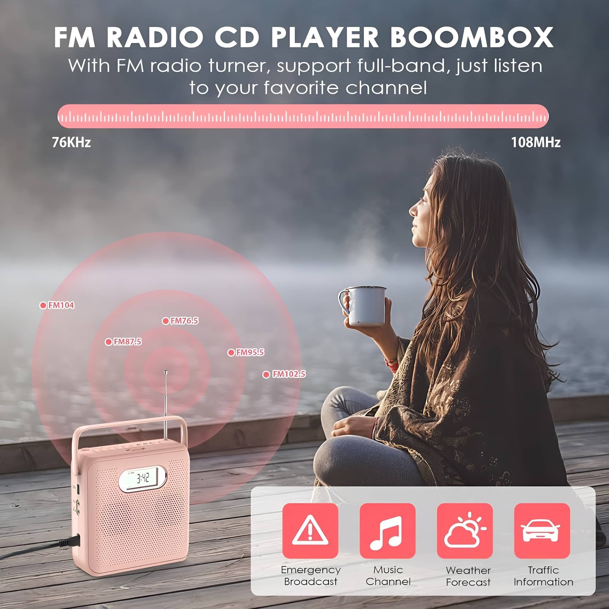Ein rosa Radio mit Antenne und eine Frau, die eine Tasse hält. Radiosender aufgelistet und Symbole für Funktionen.