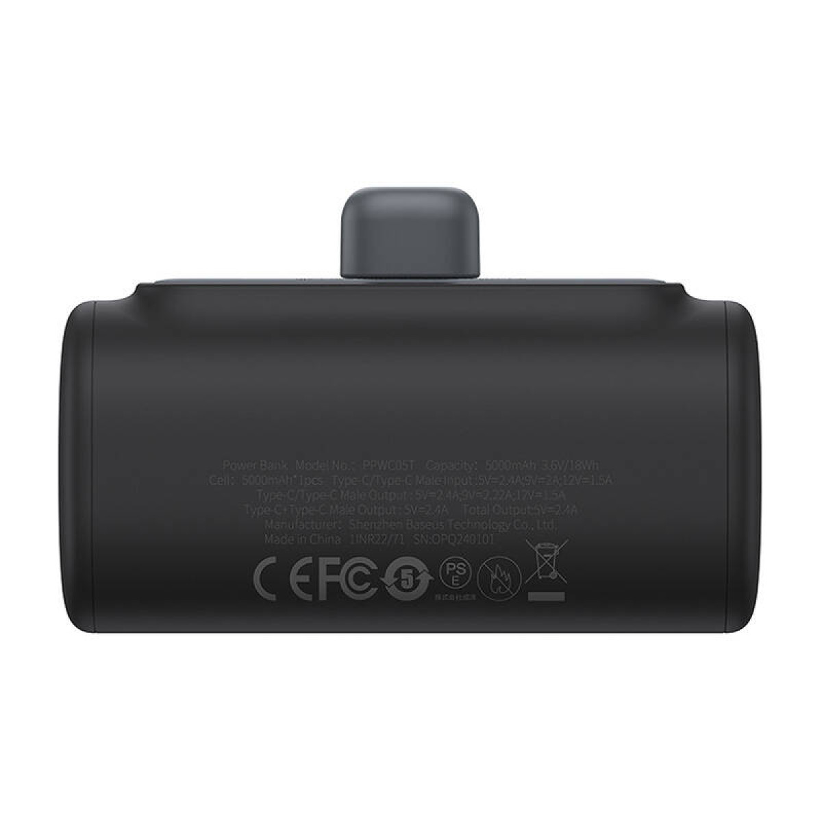 Czarny power bank z nadrukowanymi detalami na plecach.