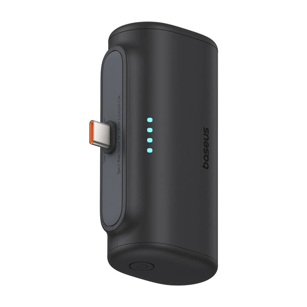 Czarny power bank z portem USB-C i wskaźnikami. Marka to Baseus.