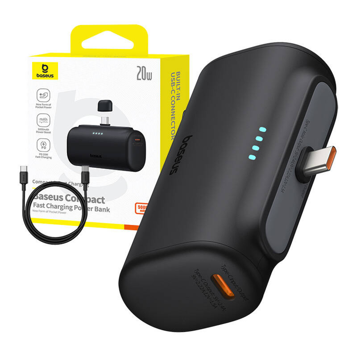 Schwarze Baseus Powerbank mit USB-C-Anschluss, Kabel und Verpackung, alles auf weißem Hintergrund.