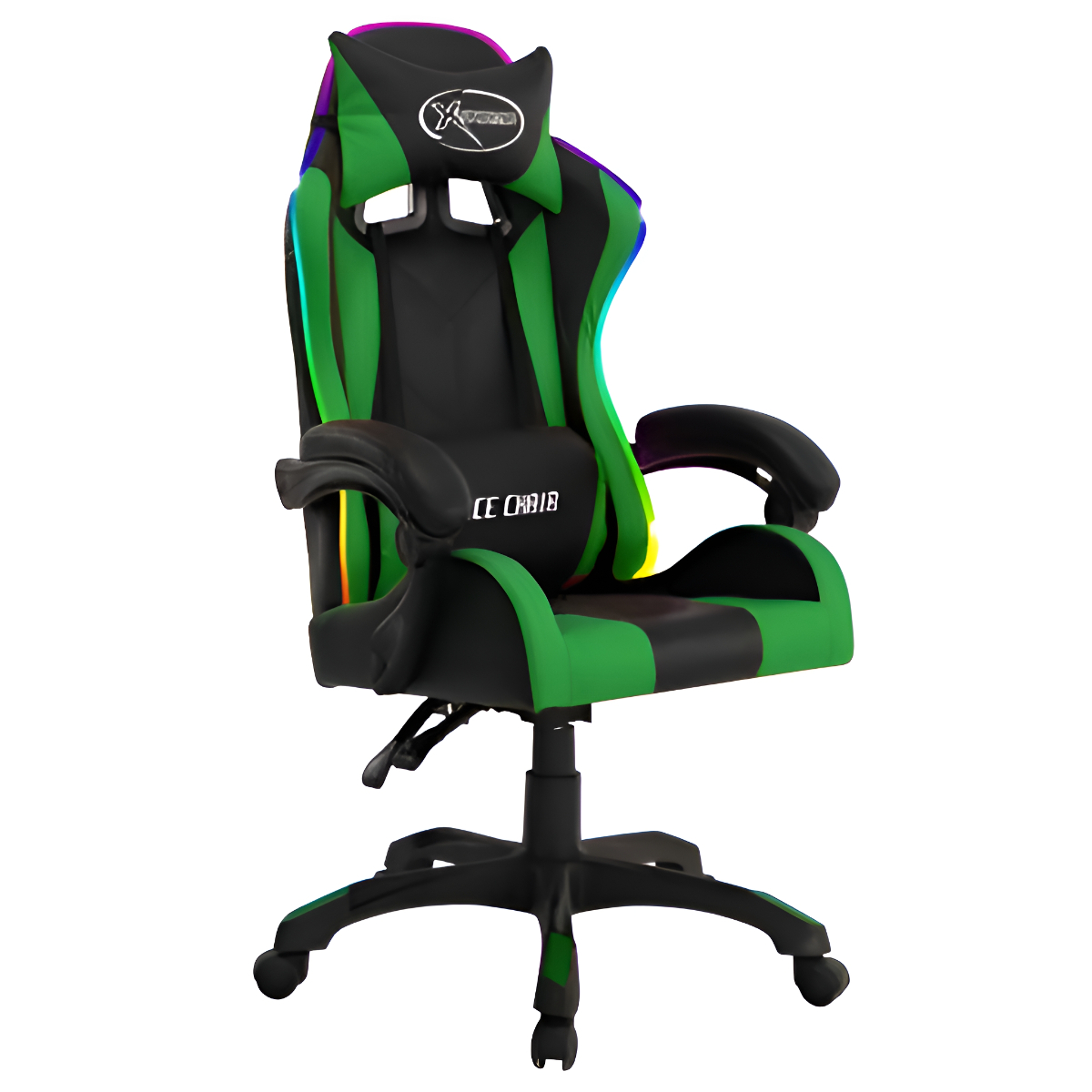 Gaming-Stuhl. Schwarz und grün mit RGB-Beleuchtung an Seiten und Kopfstütze. Schwarze Armlehnen.