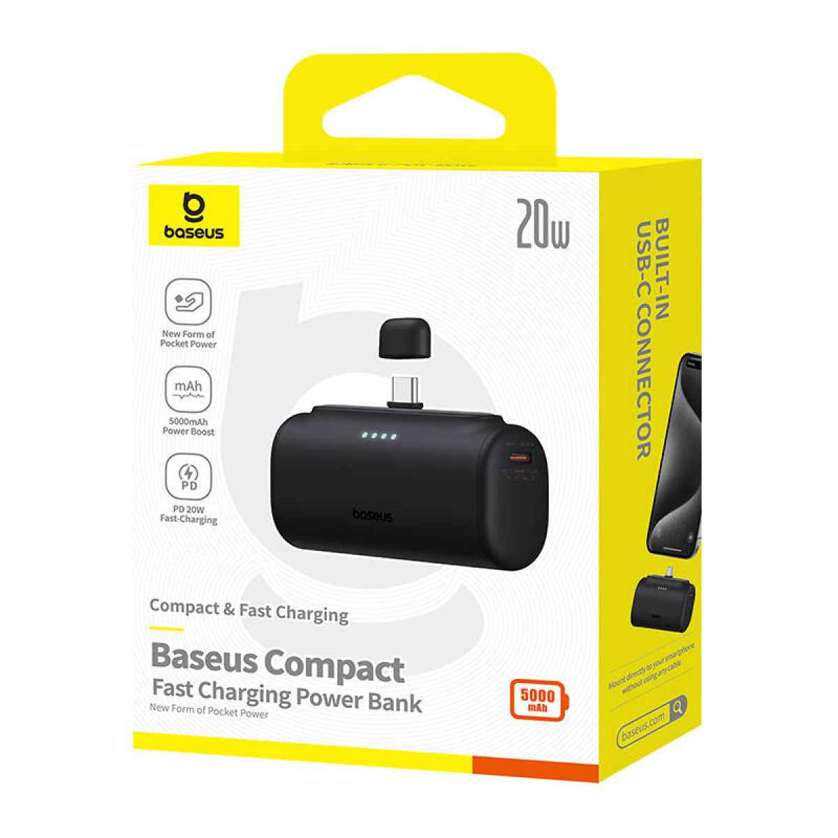Czarny power bank ze złączem USB-C. Opakowanie mówi 20W, 5000mAh. Kompaktowe i szybkie ładowanie.