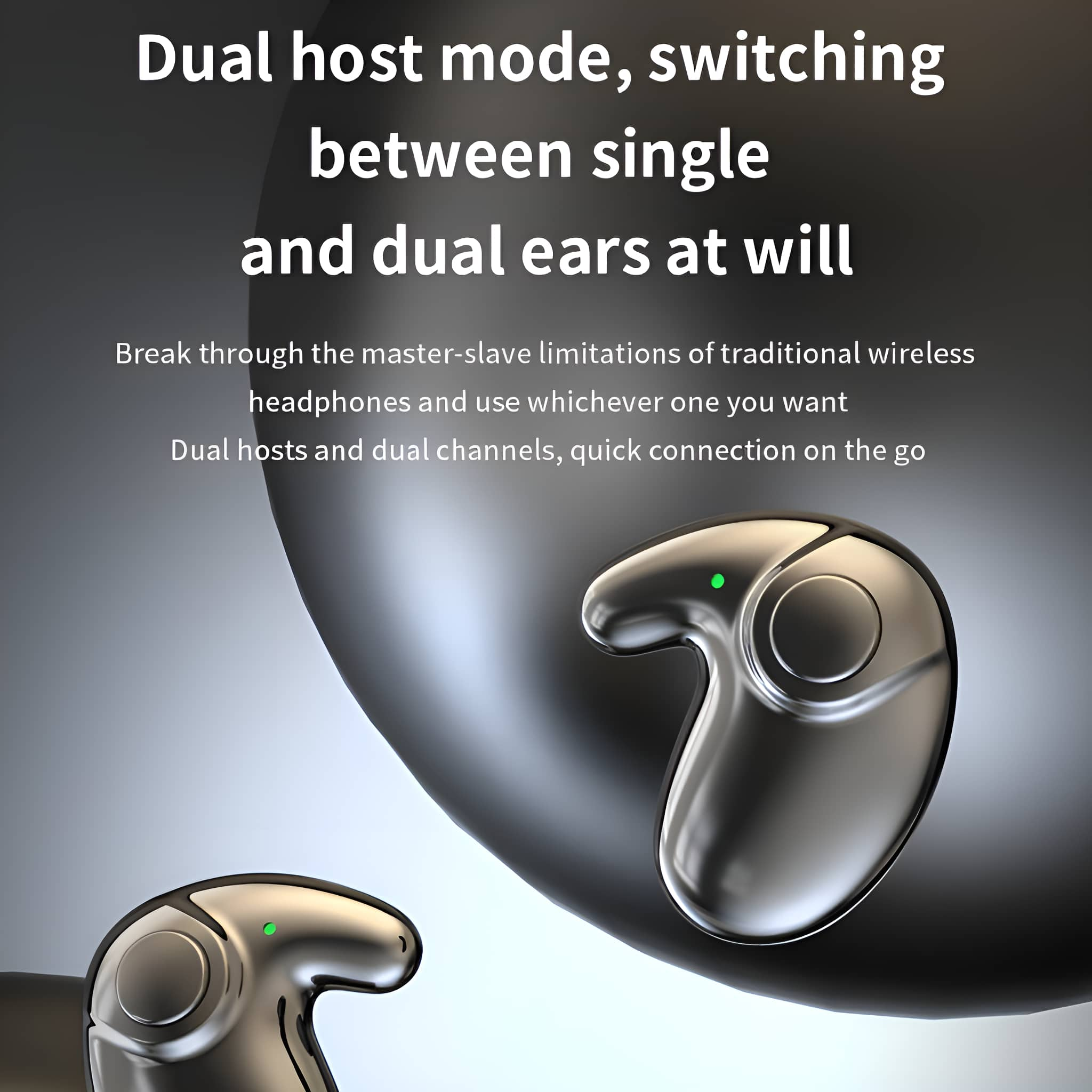 Zwei silberne kabellose Ohrhörer mit grünen Lichtern. Text: Dual-Host-Modus, nach Belieben zwischen Einzel- und Dual-Ohren wechseln.