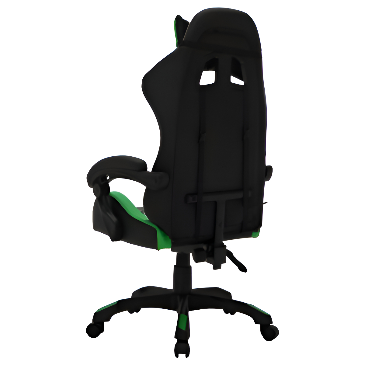 Schwarzer und grüner Gaming-Stuhl von hinten, auf weißem Grund.