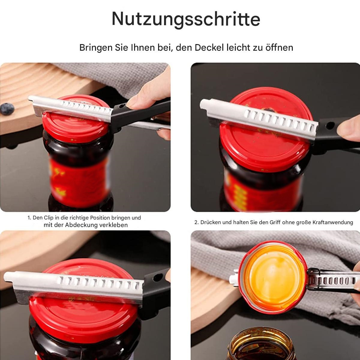 Vier Bilder, die zeigen, wie man ein Glas mit einem Werkzeug öffnet. Das Glas ist rot und das Werkzeug silberfarben.