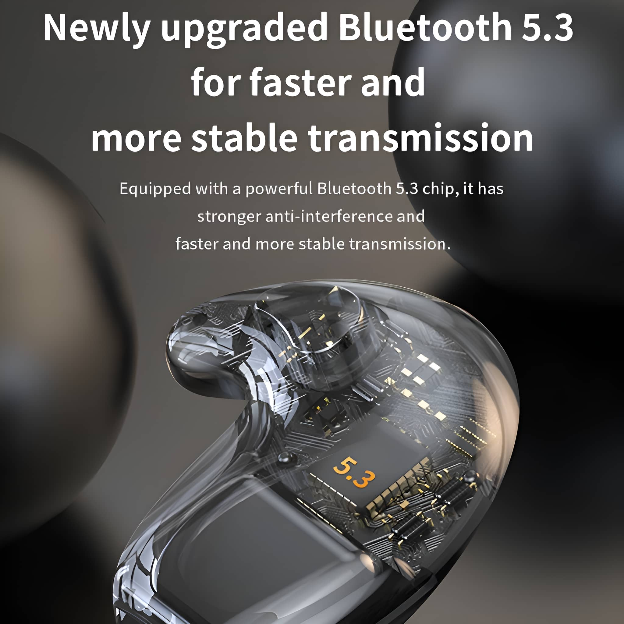 Ohrhörer mit transparentem Gehäuse, das die inneren Komponenten zeigt.