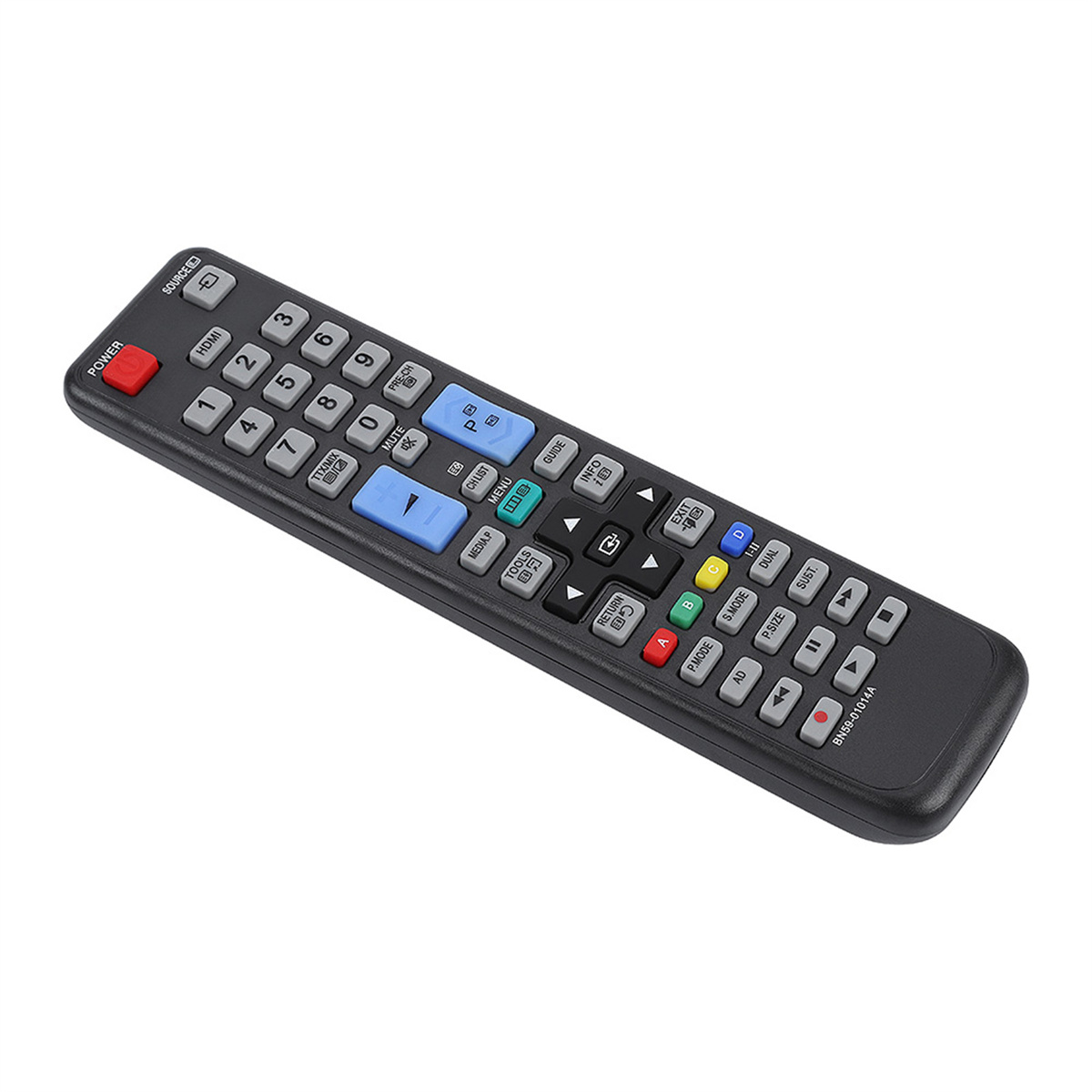 Eine schwarze TV-Fernbedienung mit vielen Knöpfen. Roter Power-Knopf oben links.