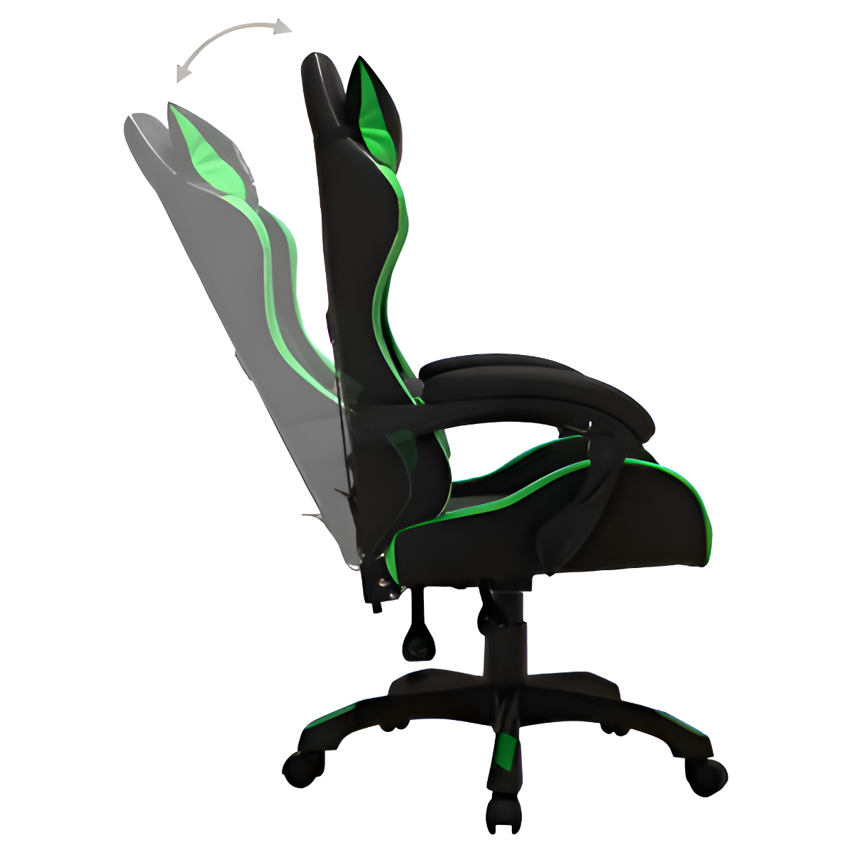 Schwarz-grüner Gaming-Stuhl, nach hinten geneigt, zeigt den Verstellbereich.