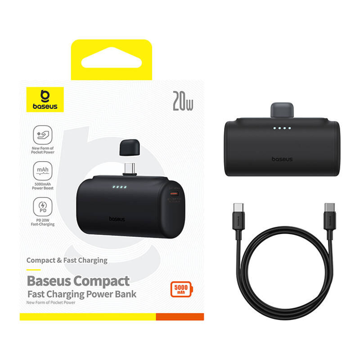 Czarny power bank z portem ładowania i kablem oraz pudełko z opisem power banku.