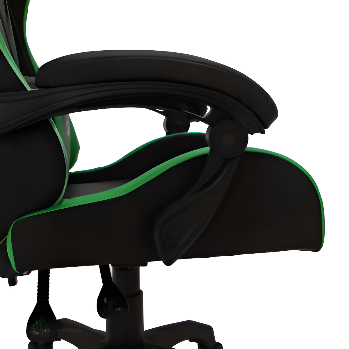 Nahaufnahme der Armlehne eines schwarz-grünen Gaming-Stuhls.