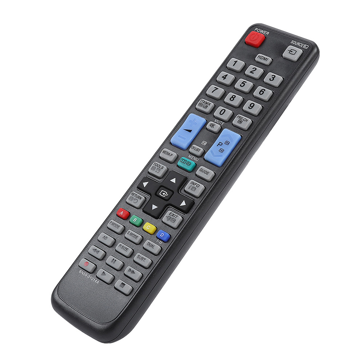 Eine schwarze TV-Fernbedienung mit vielen Knöpfen. Die Knöpfe sind in verschiedenen Farben, darunter Schwarz, Blau und Rot.