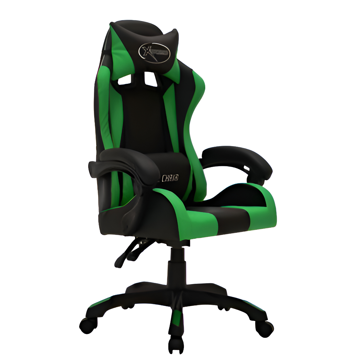 Grüner und schwarzer Gaming-Stuhl auf weißem Hintergrund. Der Stuhl hat eine Kopfstütze und Armlehnen.