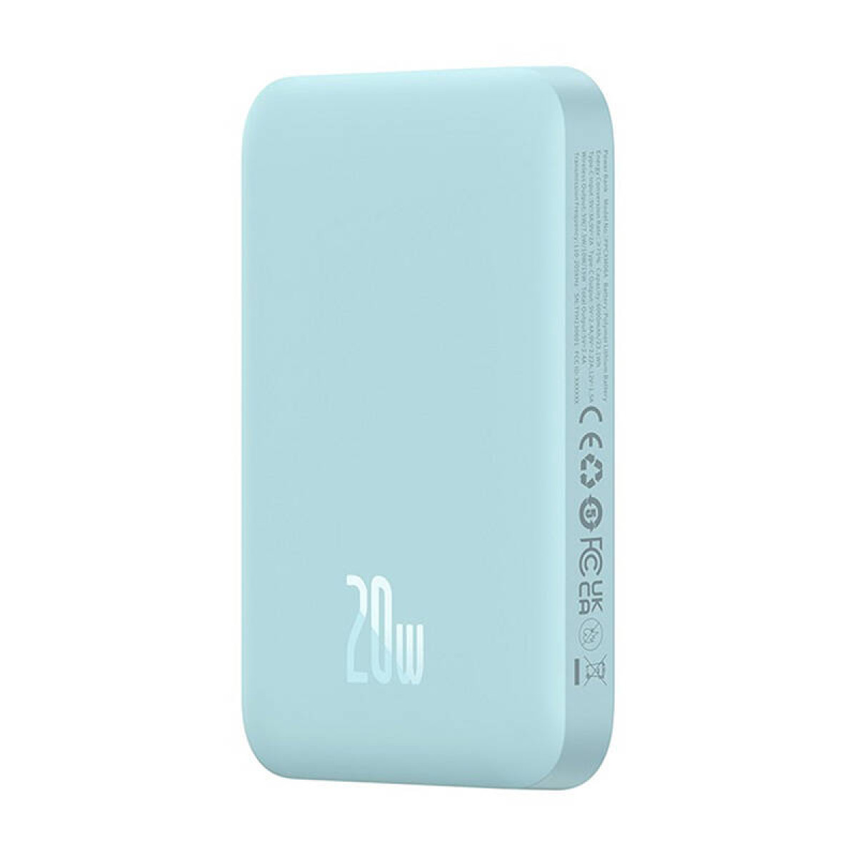Power bank blu chiaro da 20W. Testo e simboli bianchi. Forma rettangolare con bordi arrotondati.