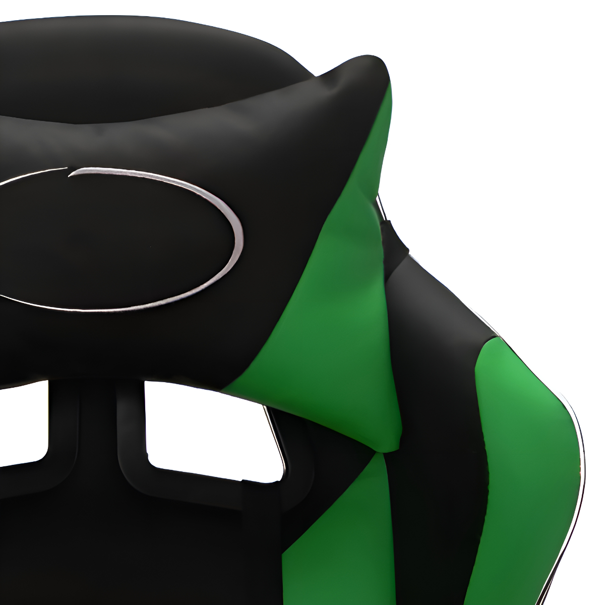 Nahaufnahme der Kopfstütze und des Rückens eines Gaming-Stuhls. Der Stuhl ist schwarz, grün und hat ein silbernes Design.