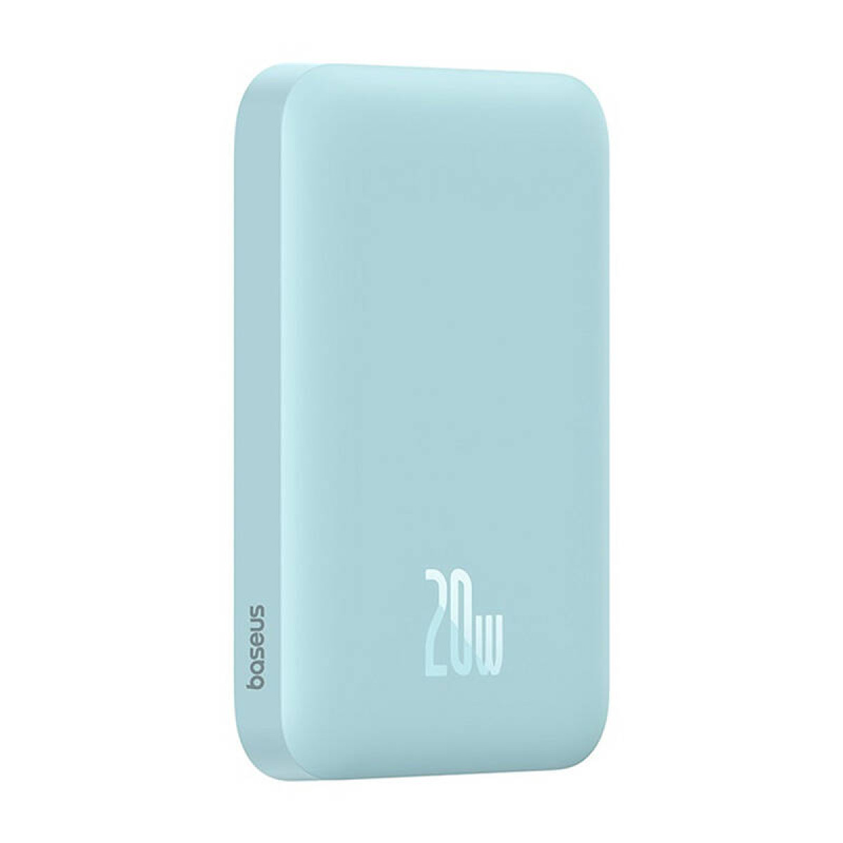 Un power bank Baseus azzurro chiaro con un'etichetta bianca '20w' sulla superficie.