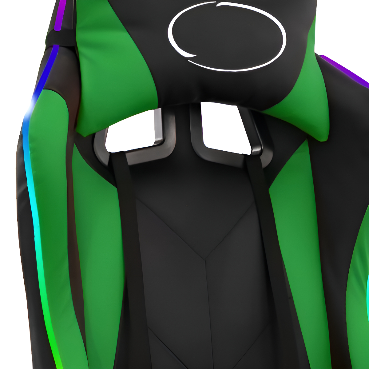 Ein Gaming-Stuhl mit grünen und schwarzen Farben und einem weißen Kreis auf der Kopfstütze.
