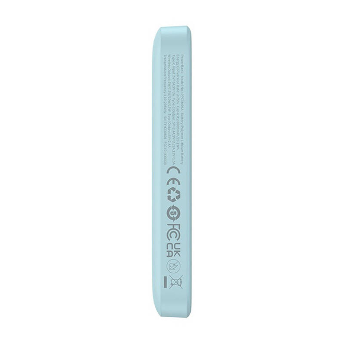 Un power bank bianco con testo e loghi, su sfondo bianco.