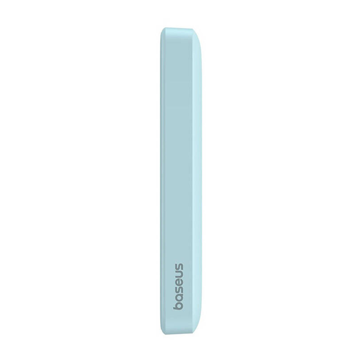 Vista laterale di un power bank azzurro. La parola 'Baseus' è stampata in bianco.