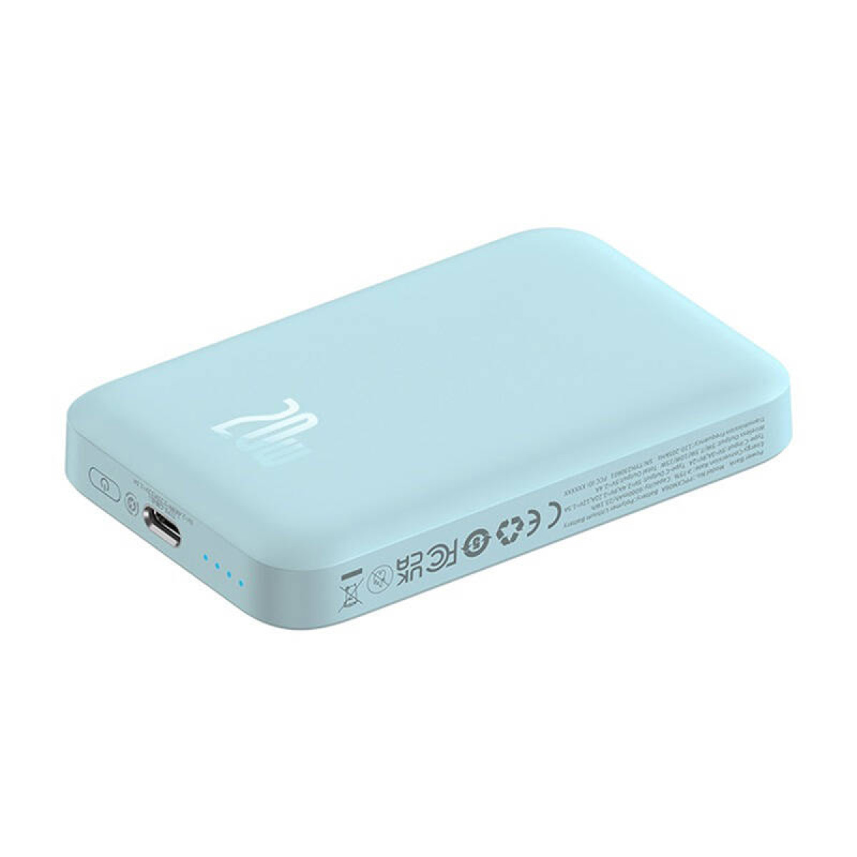 Un power bank rettangolare azzurro con testo bianco '20' e una serie di porte.