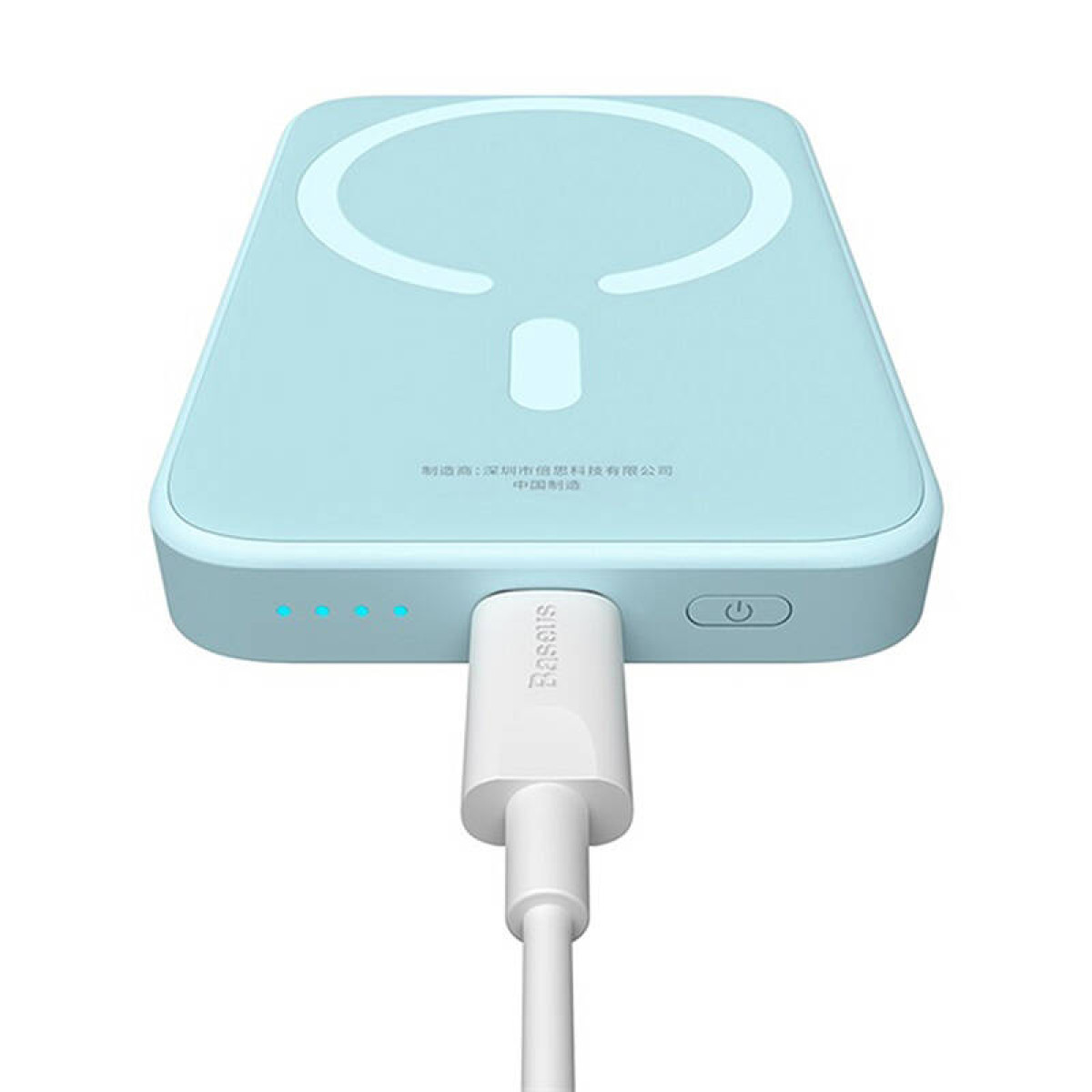 Un power bank azzurro con connettore USB-C, pulsante di accensione e indicatori LED. Il marchio 'Baseus' è visibile.