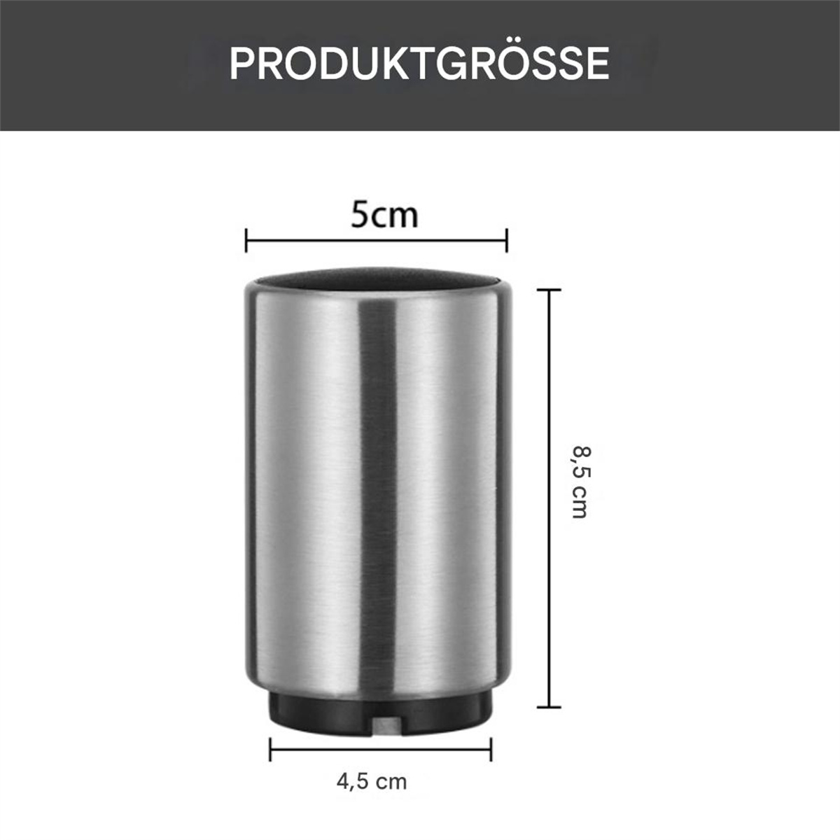 Ein metallischer Flaschenöffner. Abmessungen sind 5 cm x 8,5 cm x 4,5 cm.