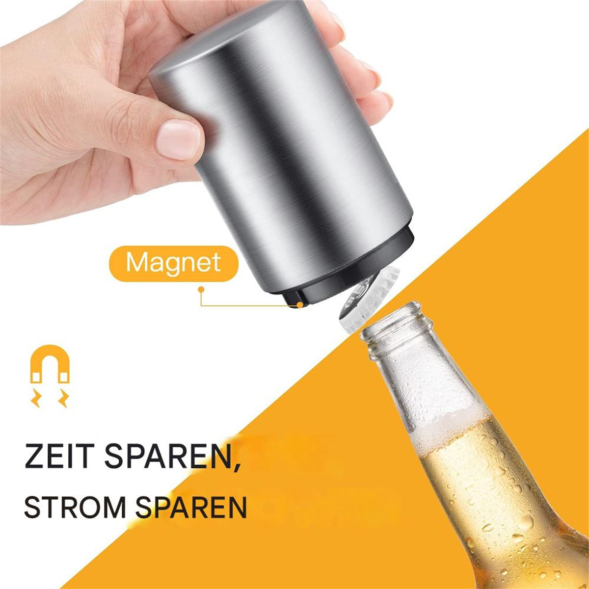 Ein Flaschenöffner mit Magnet öffnet eine Bierflasche auf orangefarbenem Hintergrund.