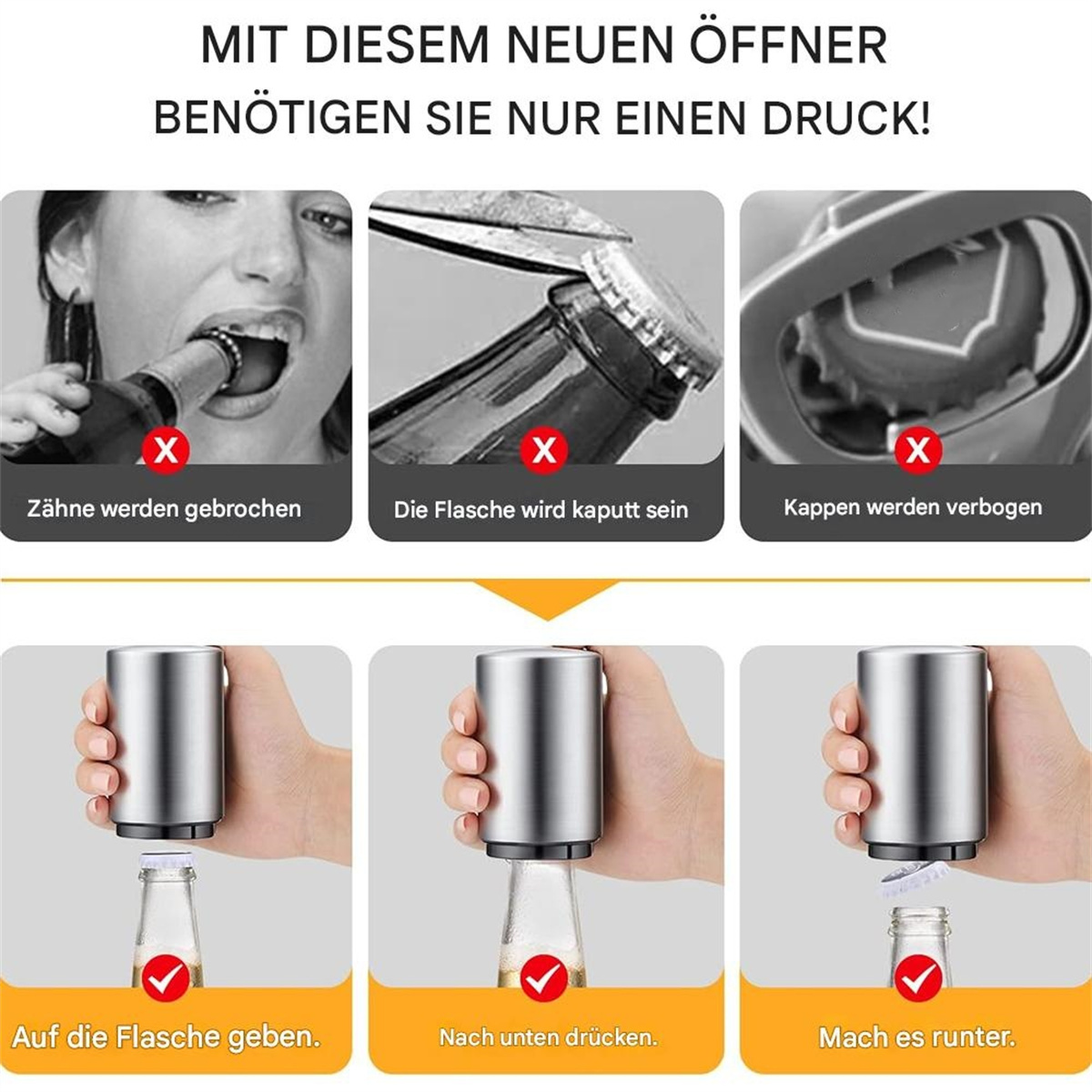 Bilder, die zeigen, wie man eine Flasche mit einem neuen Flaschenöffner öffnet.