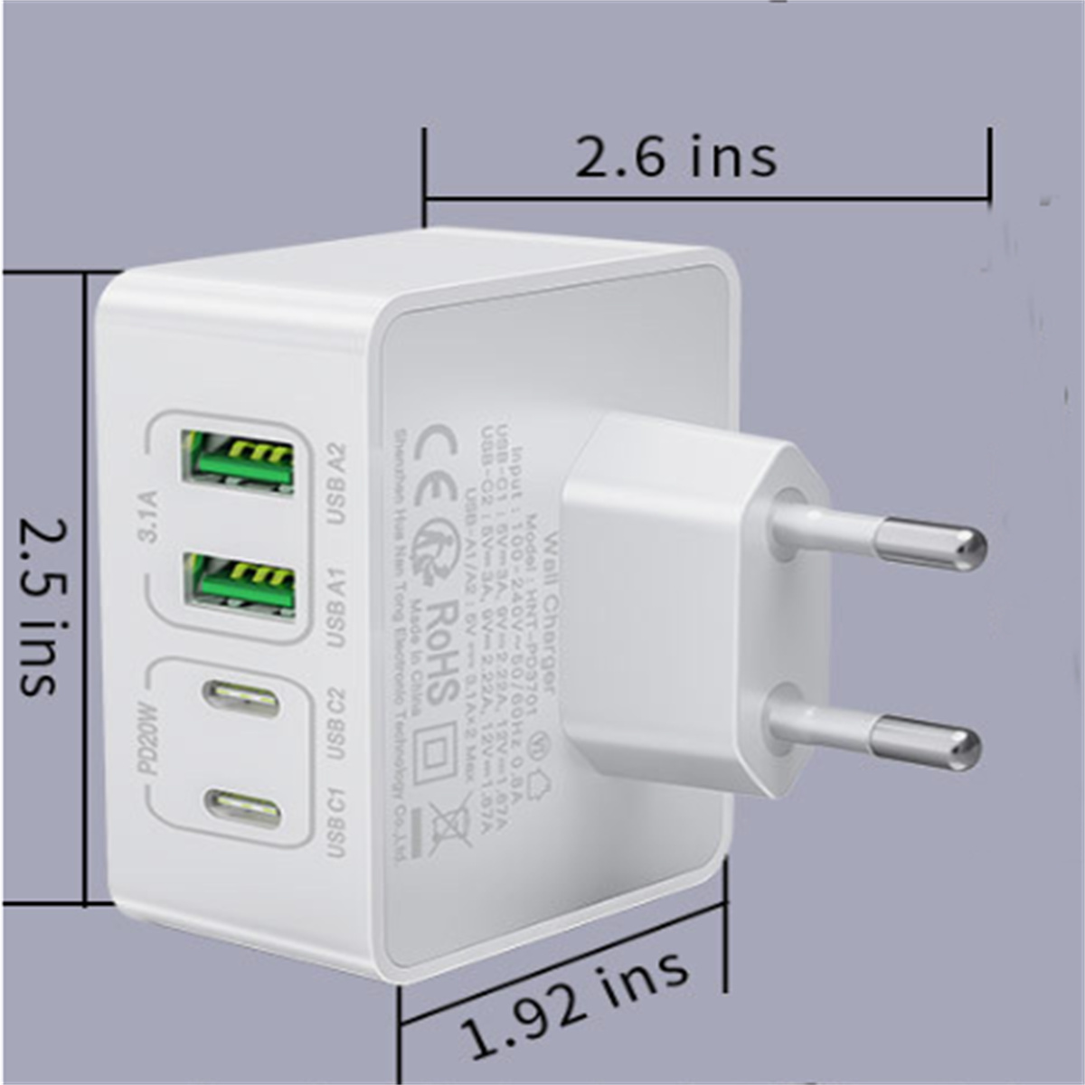 Weißes Wandladegerät mit drei USB-Anschlüssen. Text: 2,6 Zoll, 2,5 Zoll, 1,92 Zoll. USB A1, A2, C1, C2.