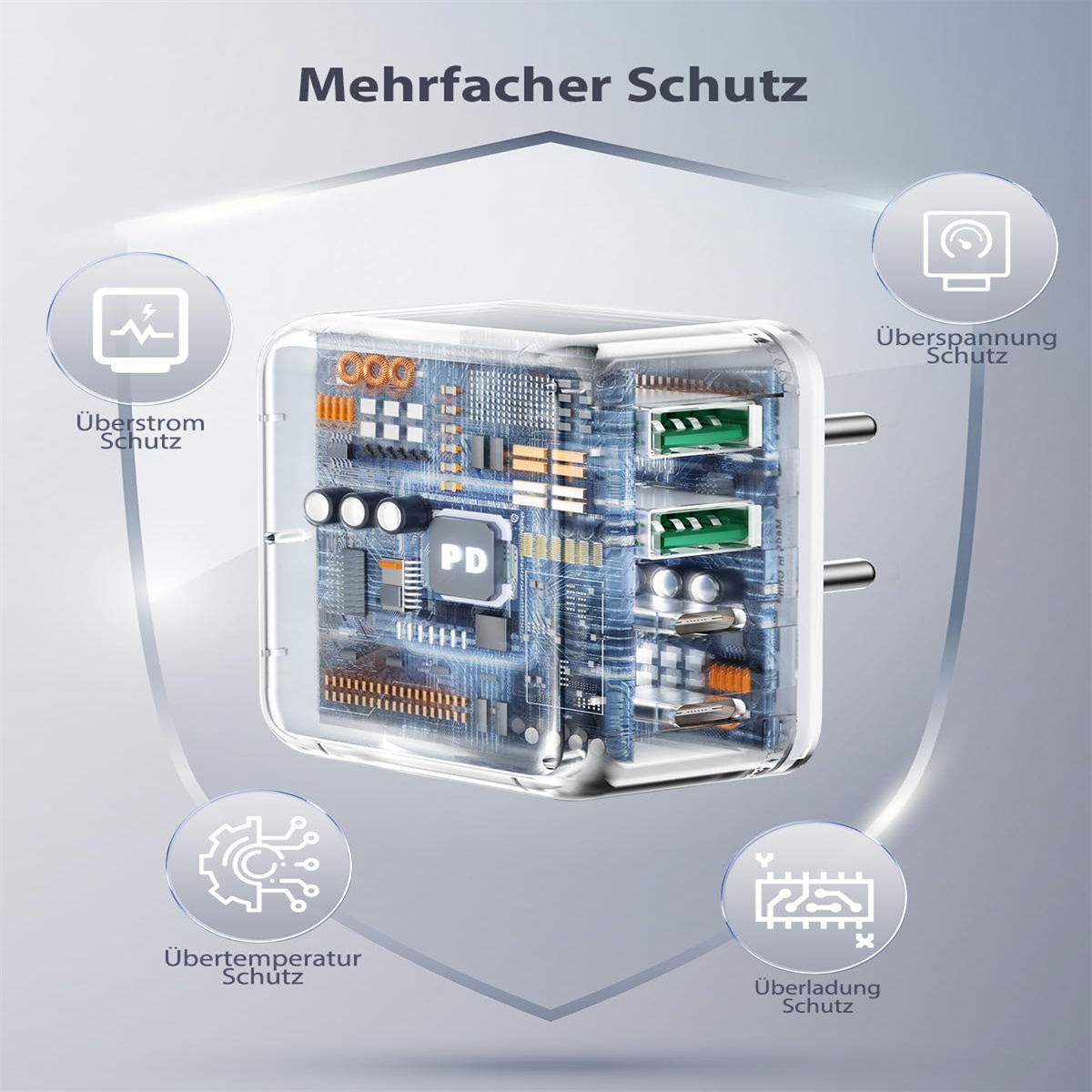 Ein transparenter Ladegerät mit mehreren Schutzsymbolen. Das Ladegerät hat zwei USB-Anschlüsse.