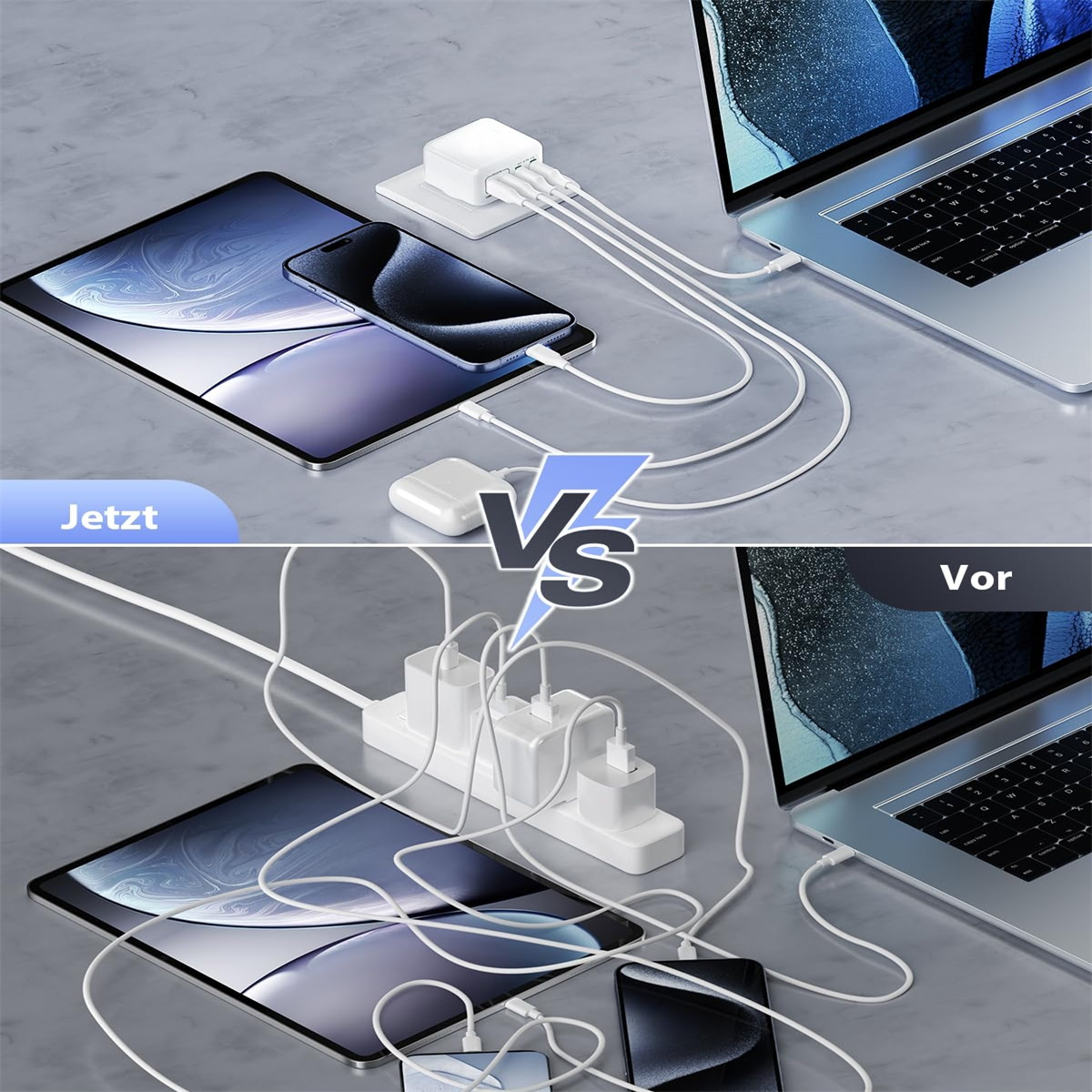 Vergleich von Lade-Setups. Oben: organisiert. Unten: unordentlich. Geräte: Tablet, Handy, Laptop.