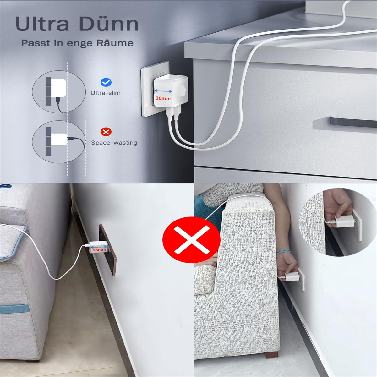 Bilder eines Steckers mit kleinem Adapter und zwei Möglichkeiten zum Einstecken, eine ist ultraschlank, die andere platzverschwendend.